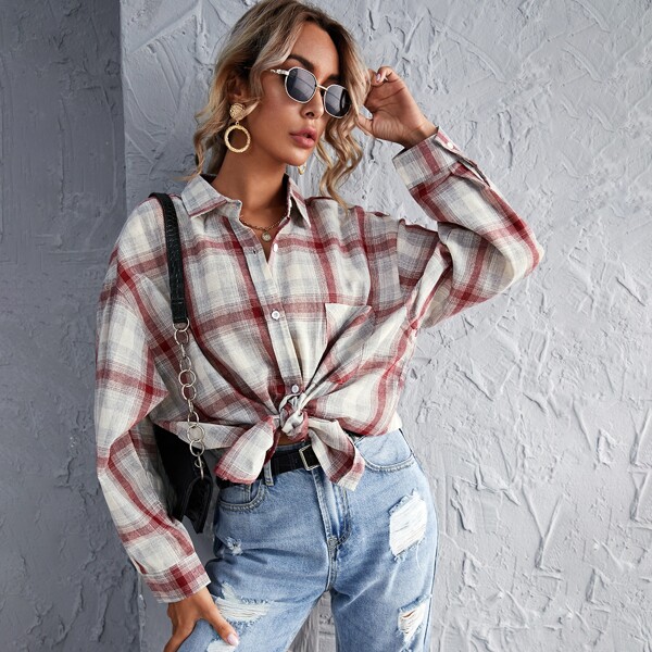 

Drop Shoulder Plaid Tunic Blouse, Multicolor