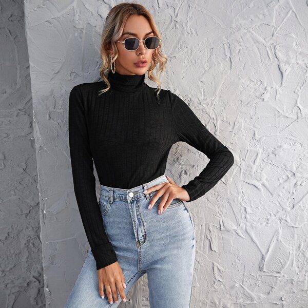 

Ribbed Mock Neck Long Sleeve Top, Black