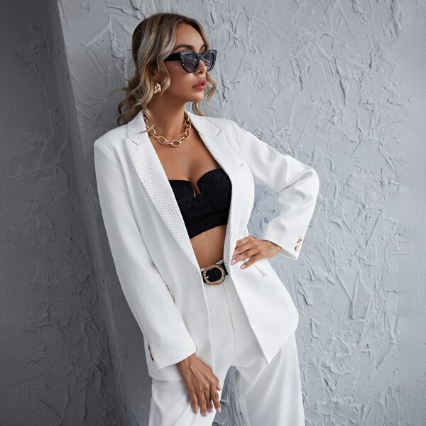 

Polka Dot Lapel Collar Single Button Blazer, White
