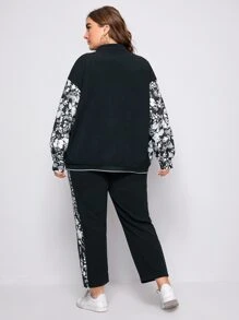 SHEIN LUNE 大碼花卉落肩拉鏈運動衫和褲子套裝 - 黑與白 - 查看 2