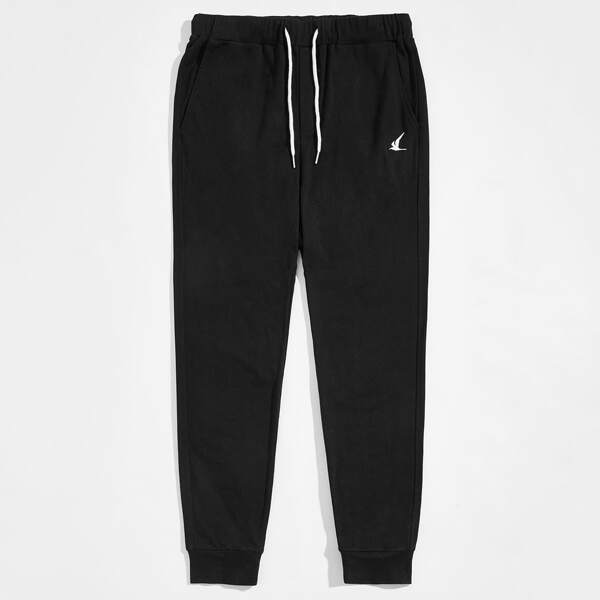 

Men Seagull Embroidery Drawstring Sweatpants, Black