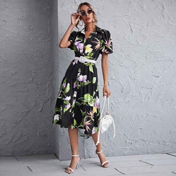 

Floral Print Lantern Sleeve Belted Shirt Dress, Multicolor