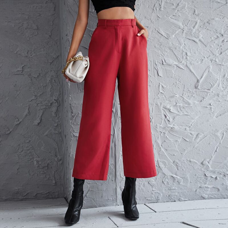 

Slant Pockets Wide Leg Pants, Red