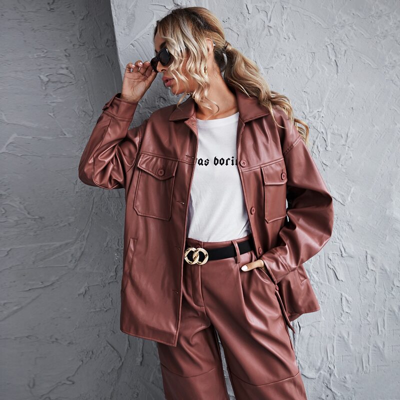 

Flap Pocket PU Leather Coat, Redwood