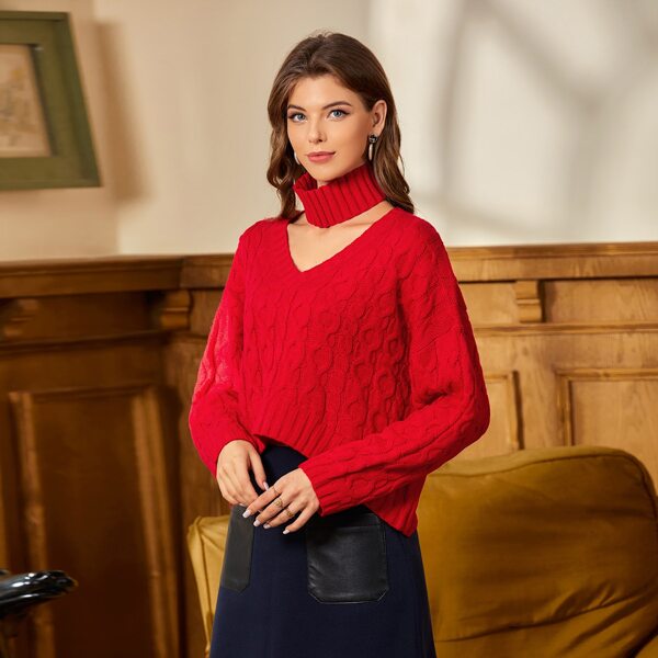 

Cable Knit High Low Sweater With Knitted Scarf Collar, Red
