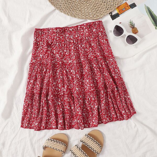 

Ditsy Floral Print Layered Skirt, Red