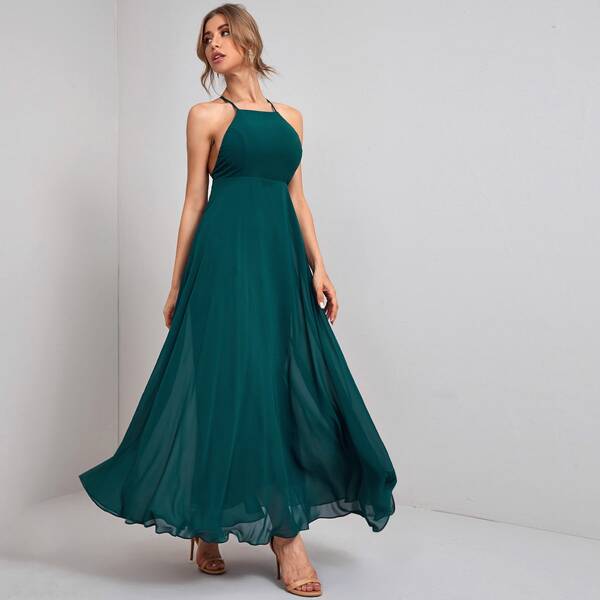 

Chiffon Criss Cross Backless Maxi Prom Dress, Dark green
