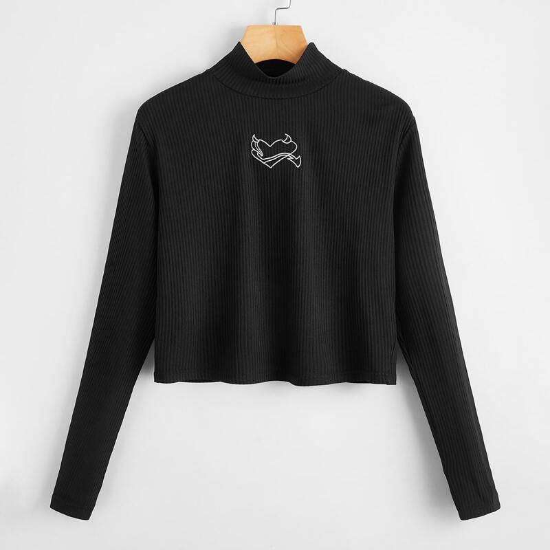 

Stand Collar Graphic Embroidery Ribbed Tee, Black