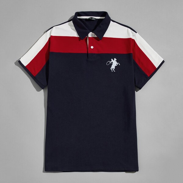 

Men Graphic Embroidery Colorblock Polo Shirt, Navy blue