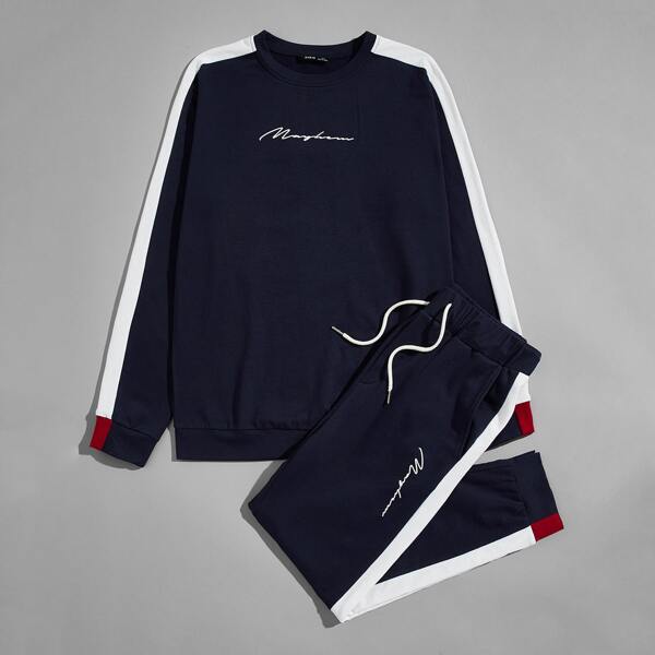 

Men Letter Graphic Contrast Sideseam Pullover & Sweatpants Set, Navy blue