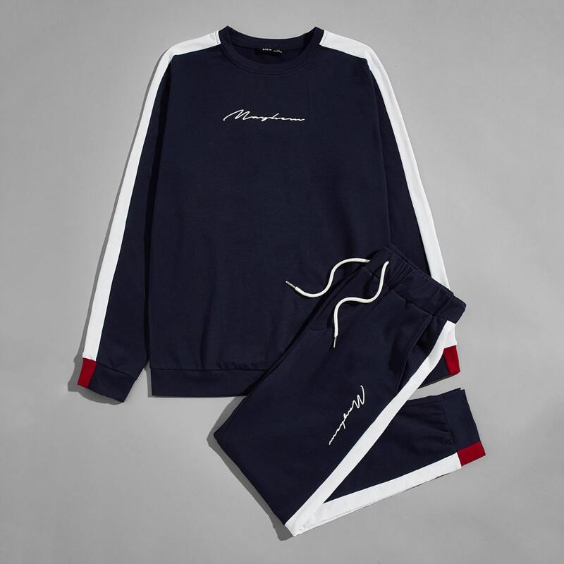 

Guys Letter Graphic Contrast Sideseam Pullover & Sweatpants Set, Navy blue