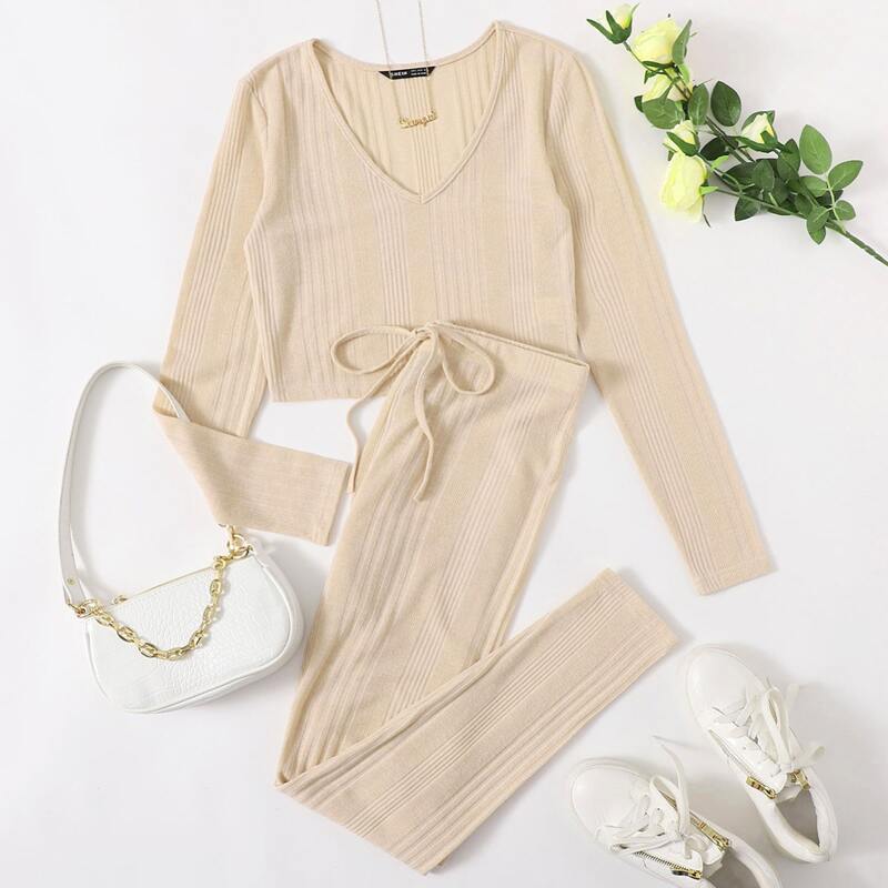

Rib-knit Top & Knot Waist Leggings Set, Apricot