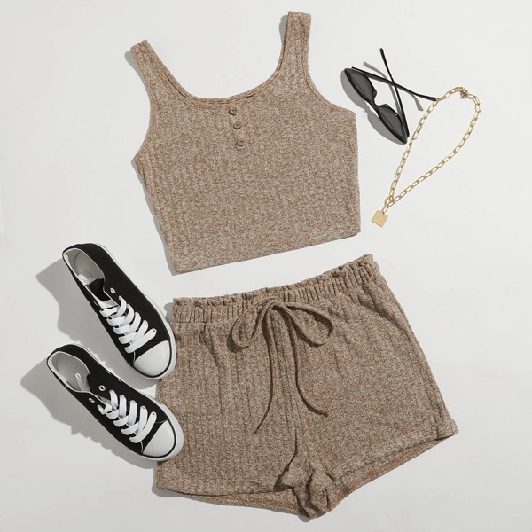 

Buttoned Front Rib-knit Tank Top & Shorts Set, Khaki
