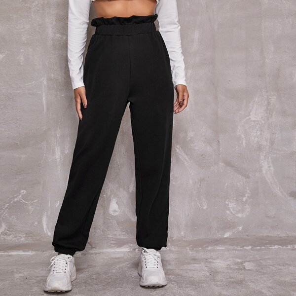 

Ruffle Waist Solid Pants, Black
