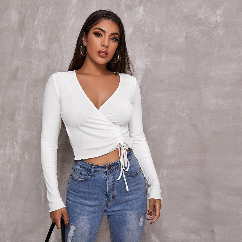 

Lettuce Trim Drawstring Knot Front Tee, White