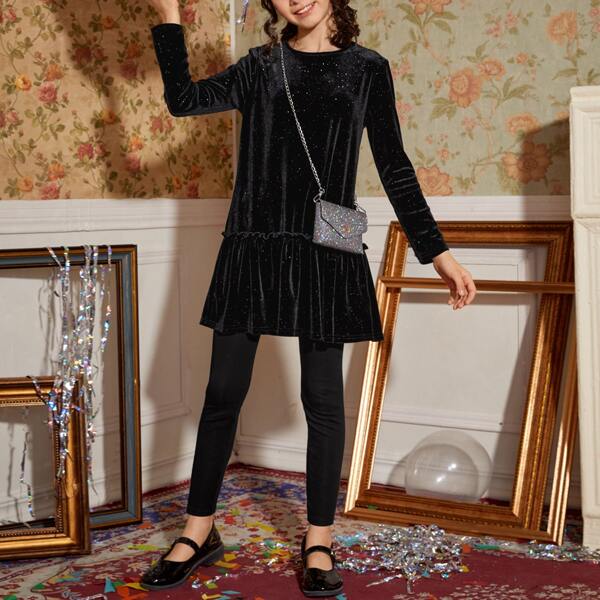

Girls Glitter Velvet Peplum Top & Leggings Set, Black
