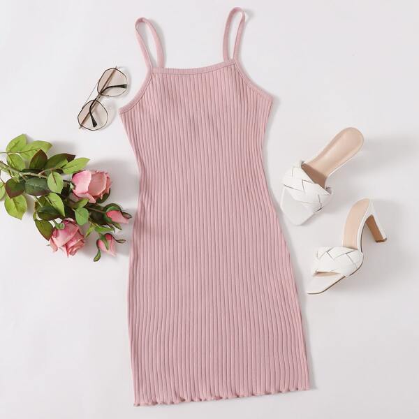 

Lettuce Trim Rib-knit Slip Dress, Pastel baby pink