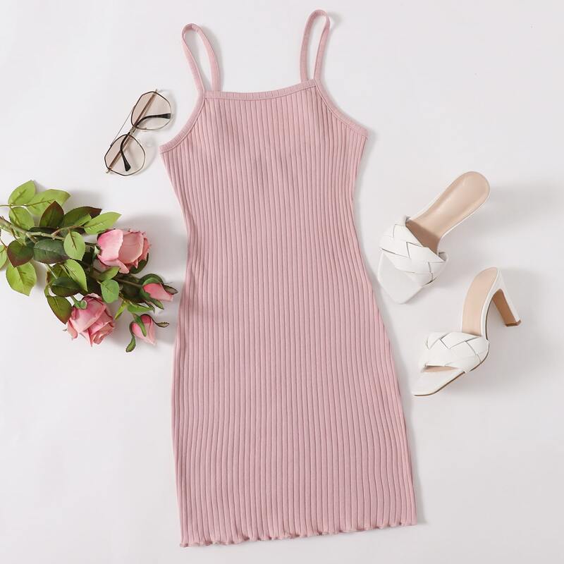 

Lettuce Trim Rib-knit Slip Dress, Pastel baby pink