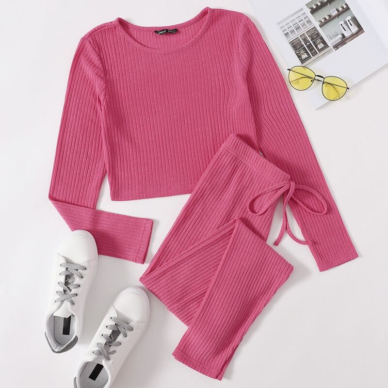 

Rib-knit Top & Knot Waist Leggings Set, Pink
