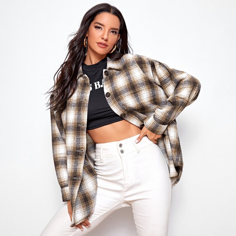 

Plaid Button-Front Drop Shoulder Overshirt, Multicolor