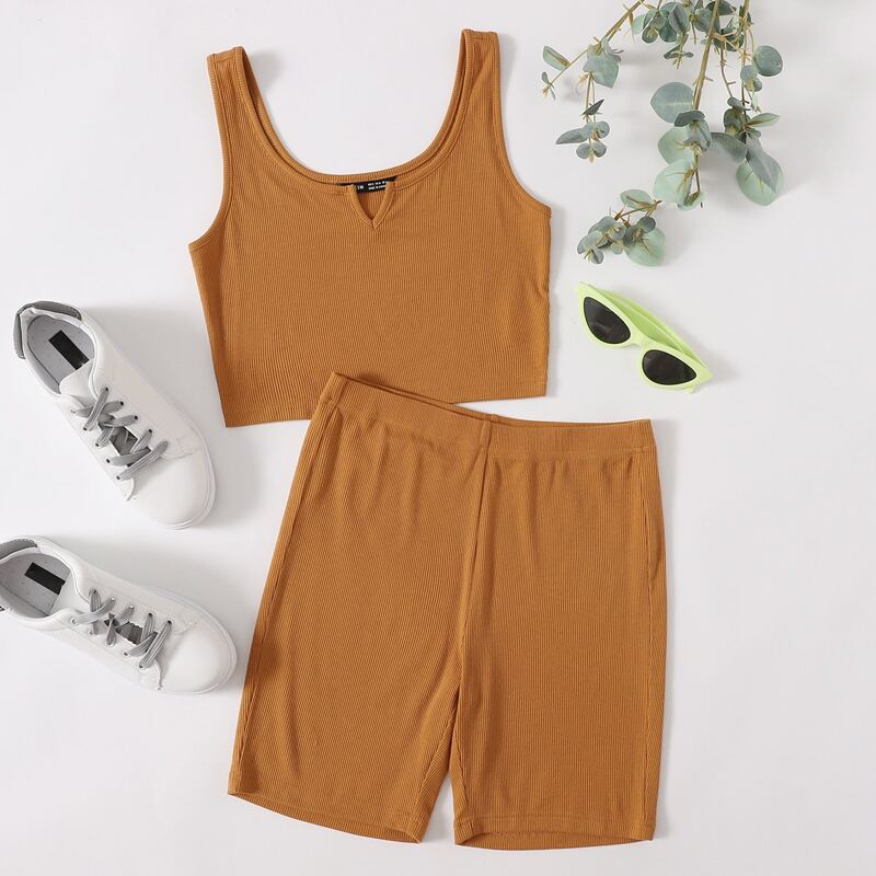 

Notched Neck Rib-knit Tank Top & Biker Shorts Set, Brown