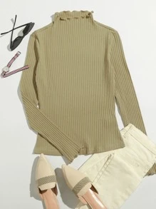 SHEIN EZwear 生菜邊羅紋針織上衣 - 卡其色 - 查看 1