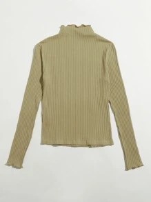 SHEIN EZwear 生菜邊羅紋針織上衣 - 卡其色 - 查看 2