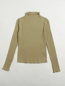 SHEIN EZwear 生菜邊羅紋針織上衣 - 卡其色 - 查看 3