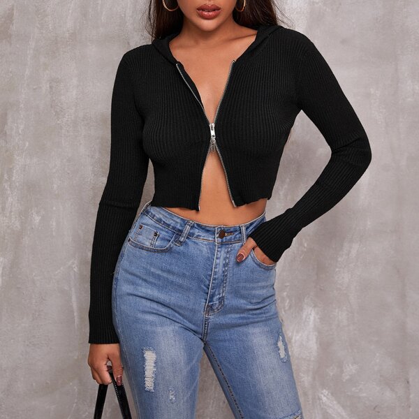 

Rib-knit Zip Up Hooded Crop Cardigan, Black