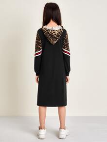 SHEIN Girls Striped Tape Leopard Panel Hooded Dress - Multicolor - View 2