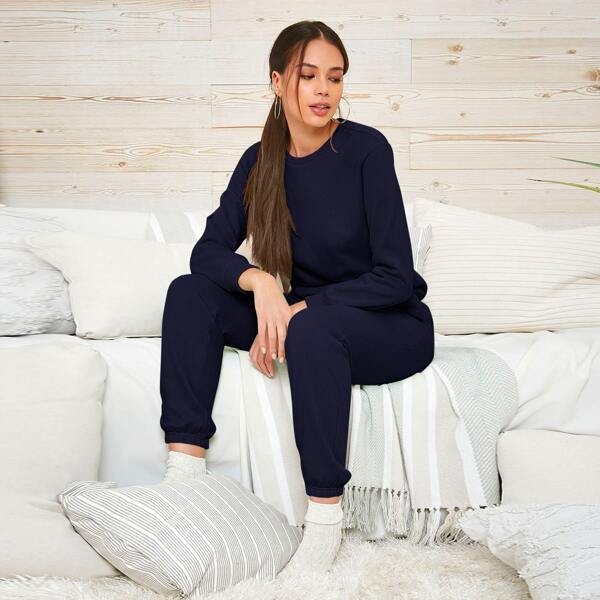 

Solid Pullover & Drawstring Joggers Set, Navy blue