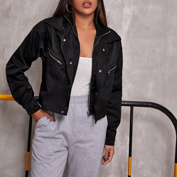

Button Front Zip Up 2 In 1 Jacket, Black