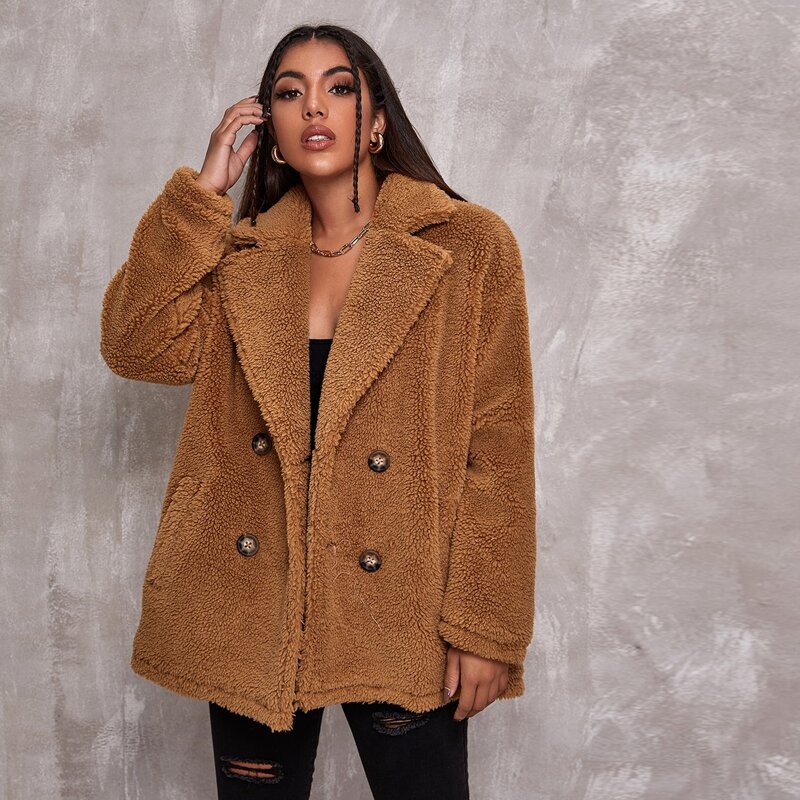 

Notch Collar Double Button Teddy Coat, Brown