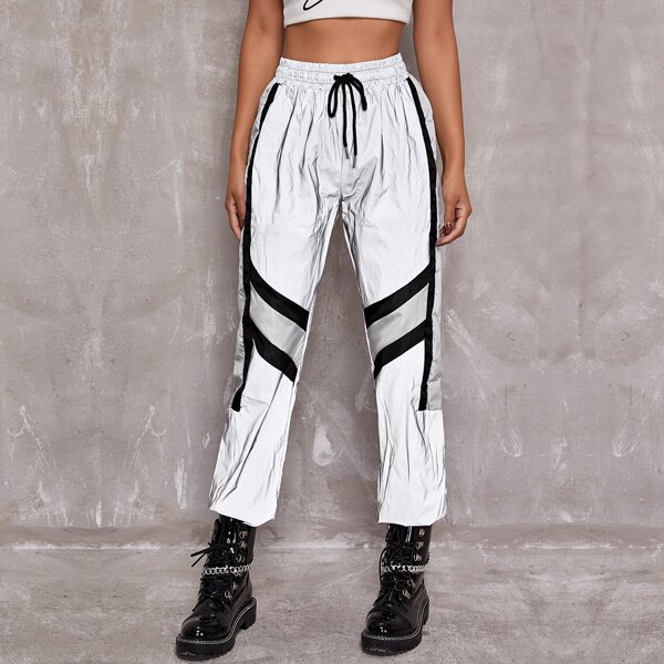 

Drawstring Waist Striped Reflective Pants, Silver