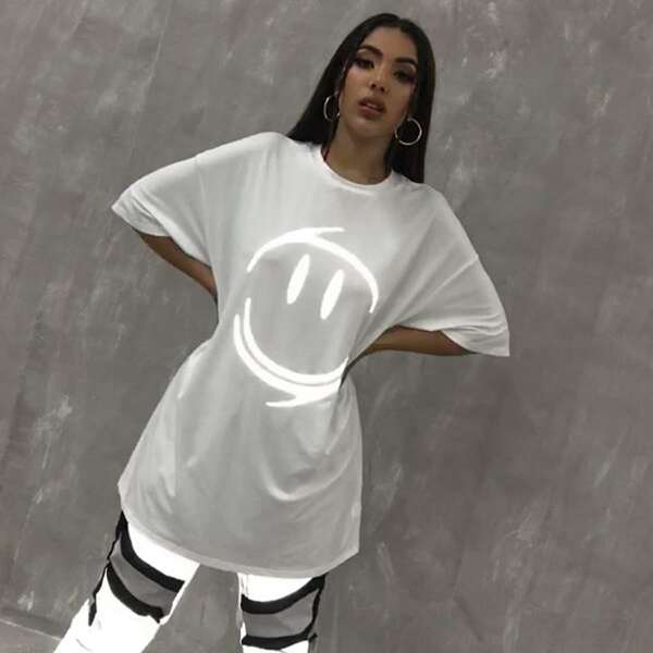 

Reflective Cartoon Graphic Drop Shoulder Tee, White