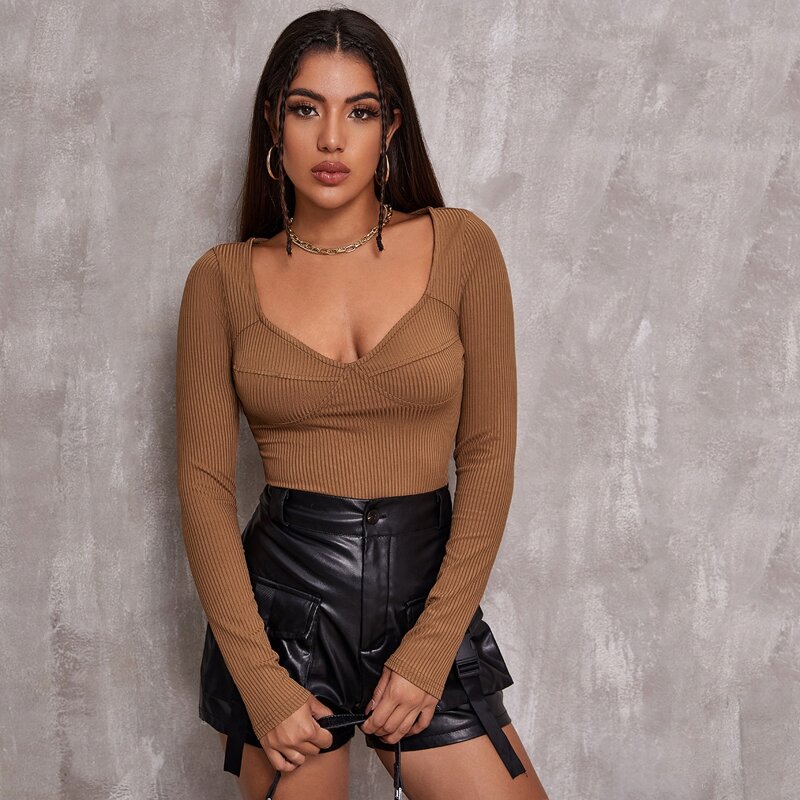 

Sweetheart Neck Rib-knit Slim Tee, Brown