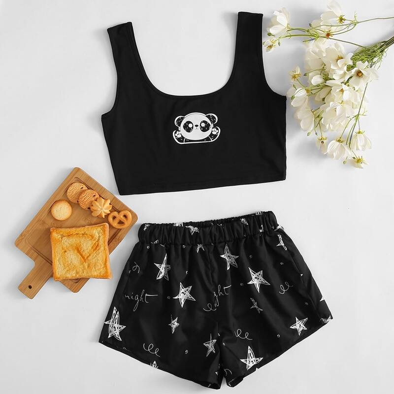 

Cartoon & Star Print Pajama Set, Black