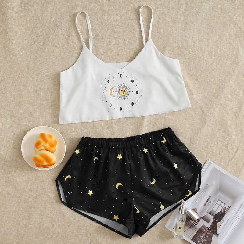 

Galaxy Print Cami Top & Shorts PJ Set, Black and white