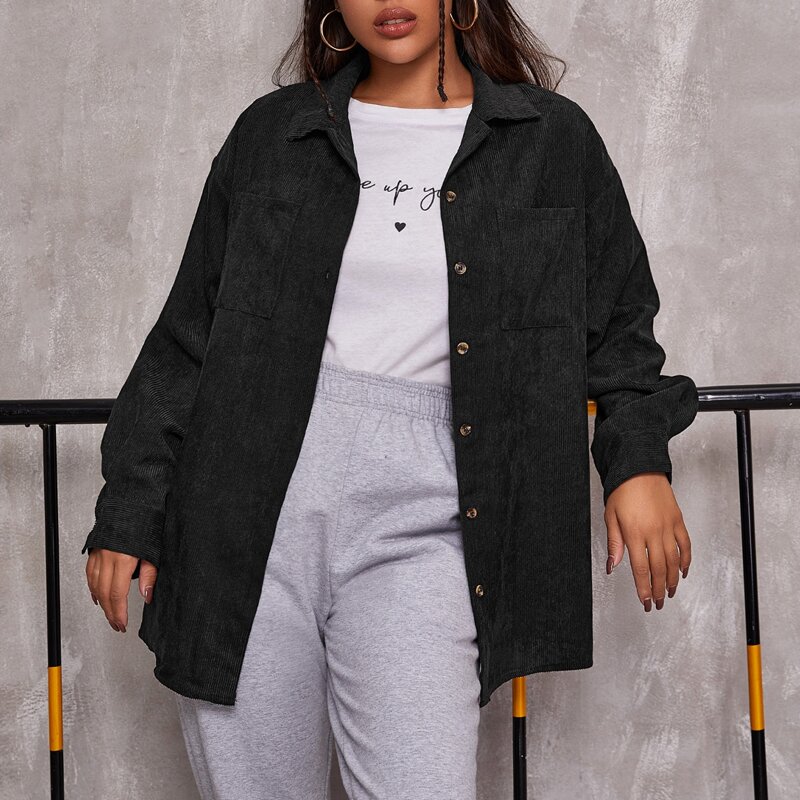 

Drop Shoulder Buttoned Corduroy Coat, Black