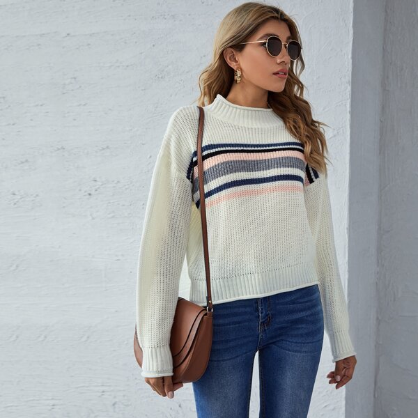 

Mock Neck Drop Shoulder Striped Sweater, White