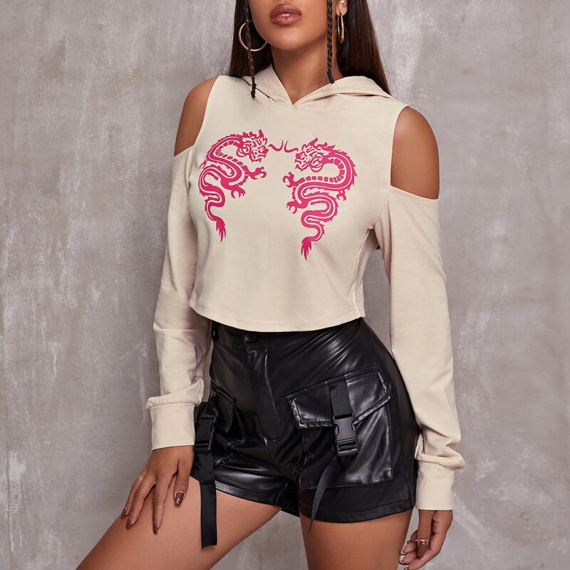

Cold Shoulder Chinese Dragon Print Hoodie, Beige