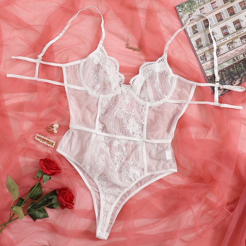 

Floral Lace Mesh Underwire Teddy Bodysuit, White