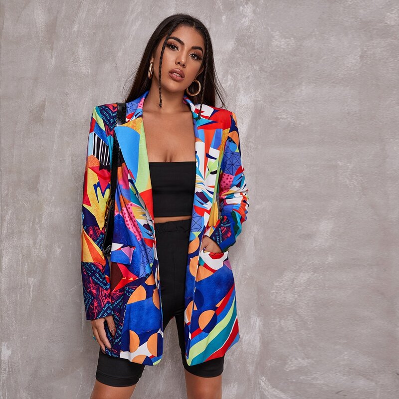 

Peak Collar Colorblock Graphic Print Blazer, Multicolor