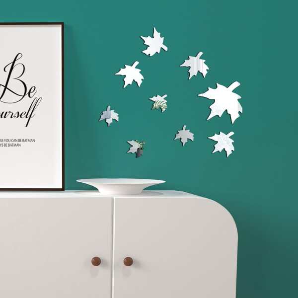 

9pcs Maple Leaf Design Mirror Surface Wall Sticker, Silver