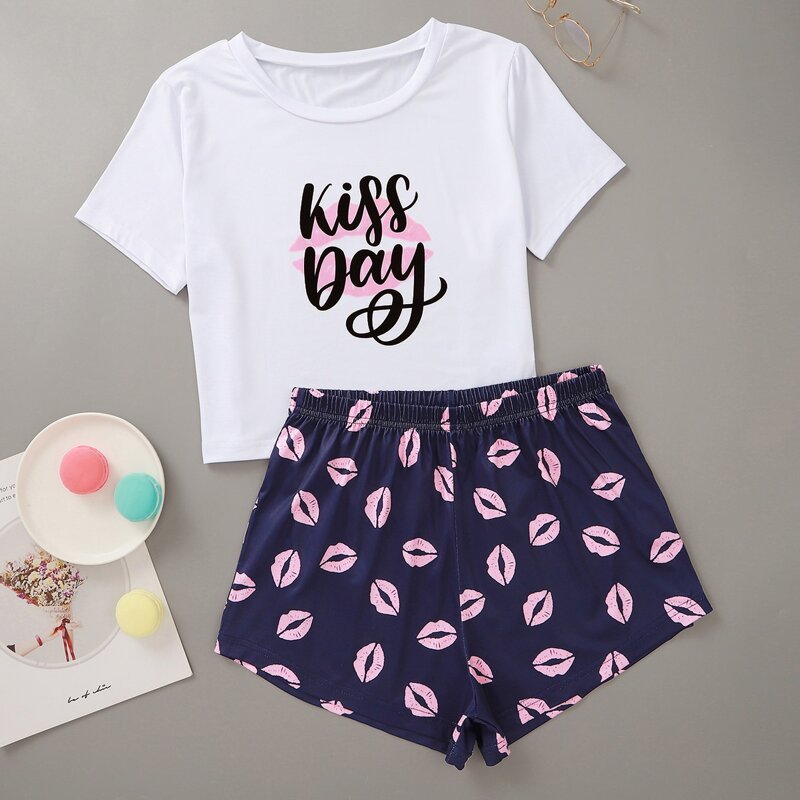 

Lip & Slogan Graphic PJ Set, Blue and white