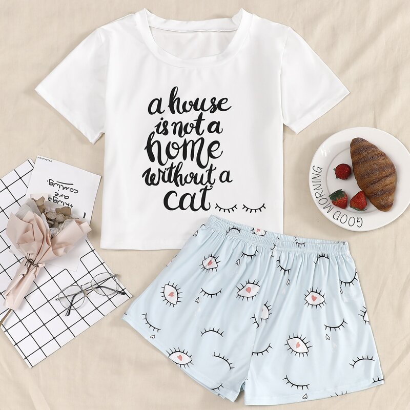

Slogan Graphic Tee & Eye Print Shorts PJ Set, Blue and white