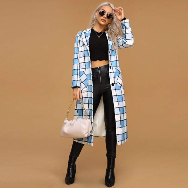 

Plaid Button Front Lapel Collar Overcoat, Blue and white