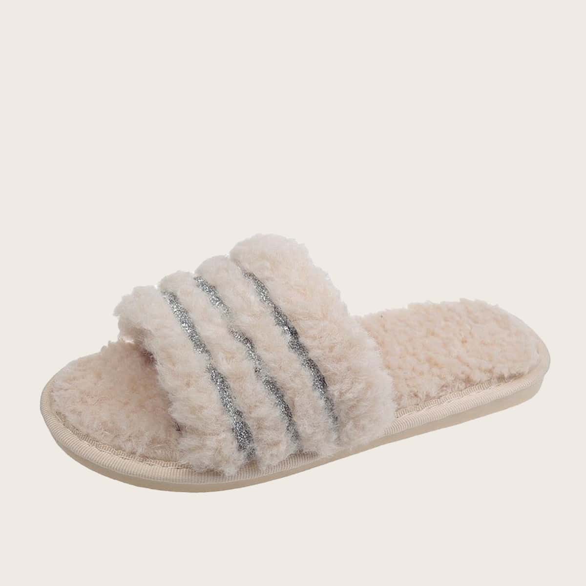 

Glitter Fluffy Slippers, Beige