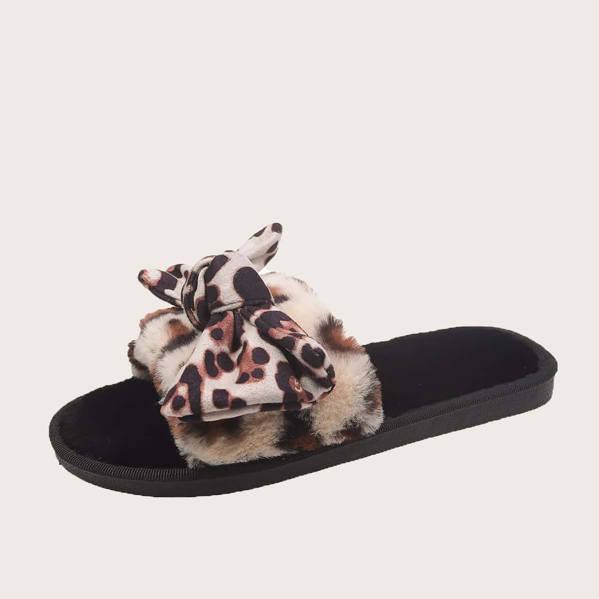 

Leopard Bow Fluffy Slippers, Multicolor