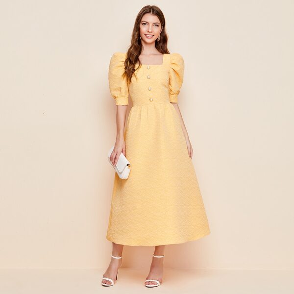 

Pearl Button Detail Puff Sleeve Jacquard Dress, Yellow